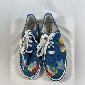 Sebastino Denim Sneakers Women’s 7.5 Narrow Embroidered Nautical Tropical Fish.